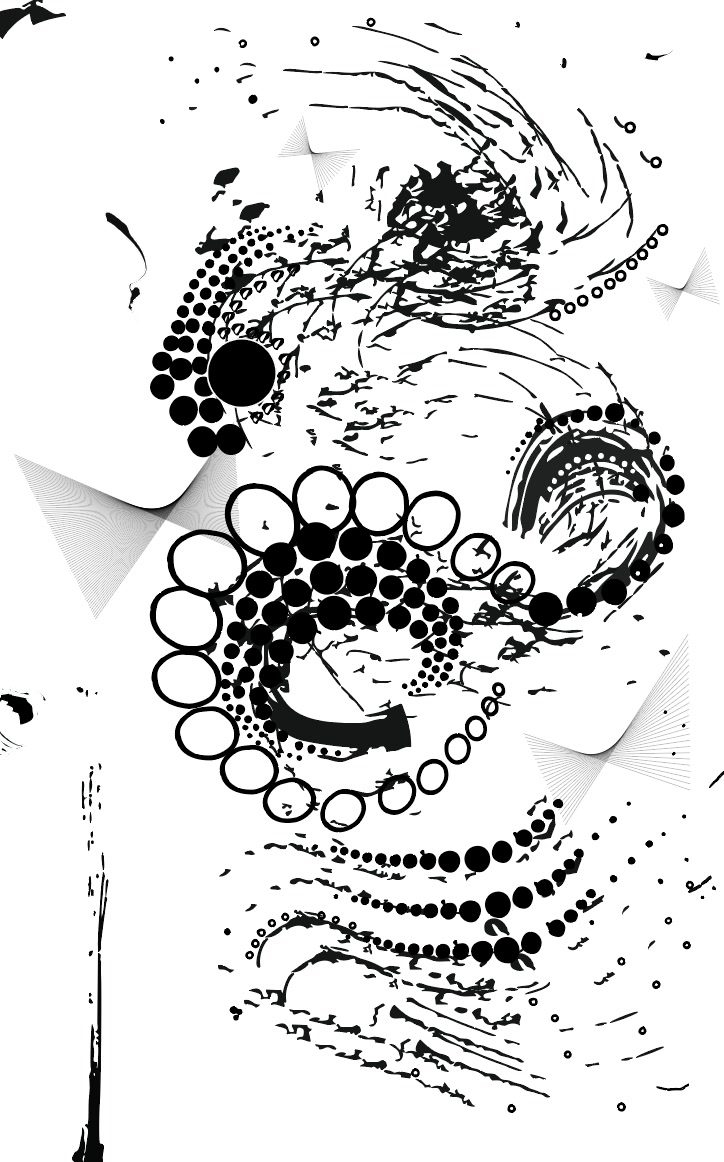 Resolution: a tall black-and-white composition of scanned analog marks and vector geometry.