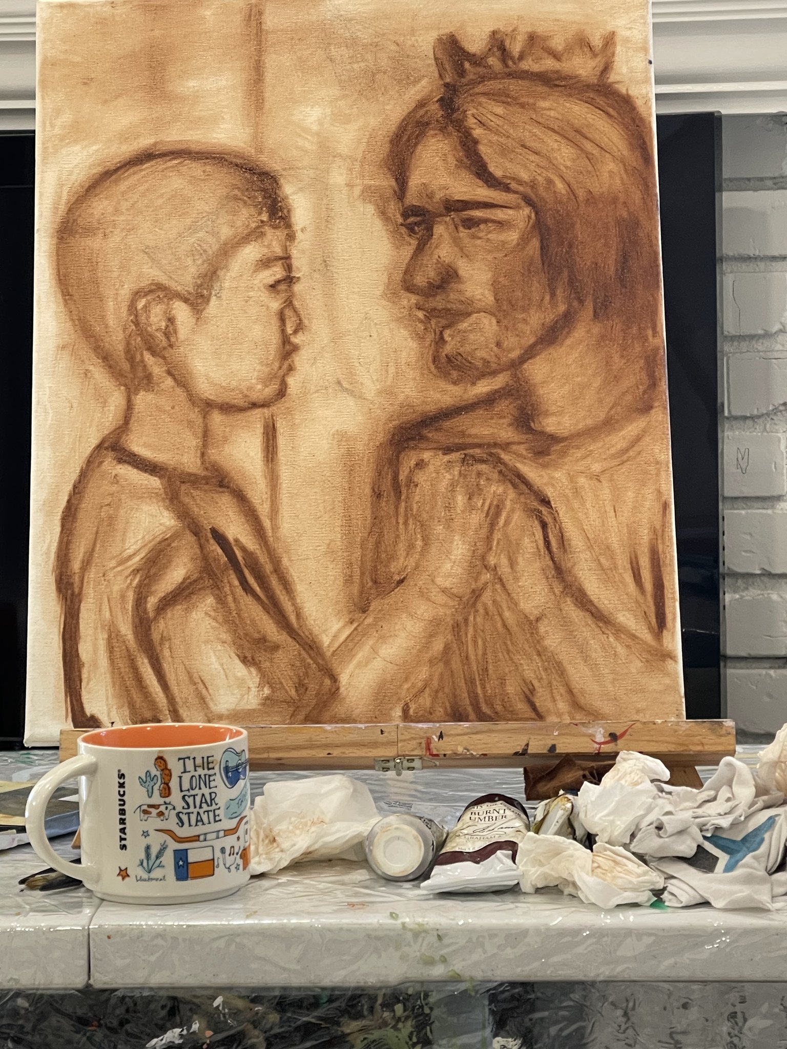 Stage 1 of the painting: the brown underdrawing.