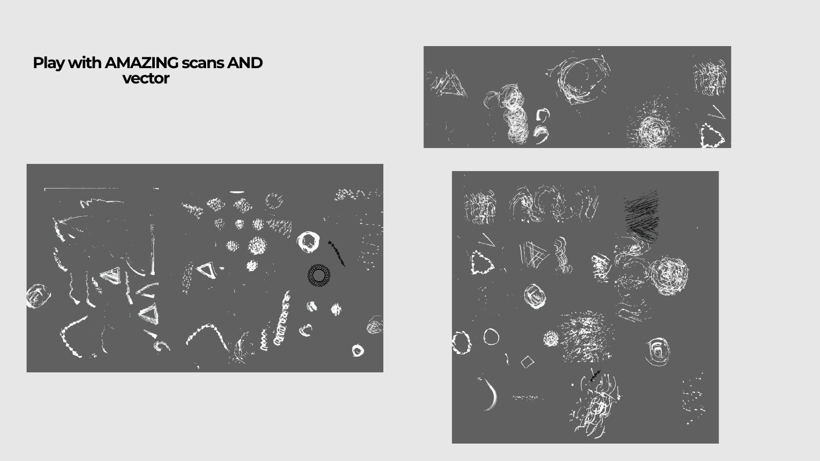 Documentation page 5: three dark digital sheets where white scanned hand-made marks are cleaned, combined and mixed with vector shapes.