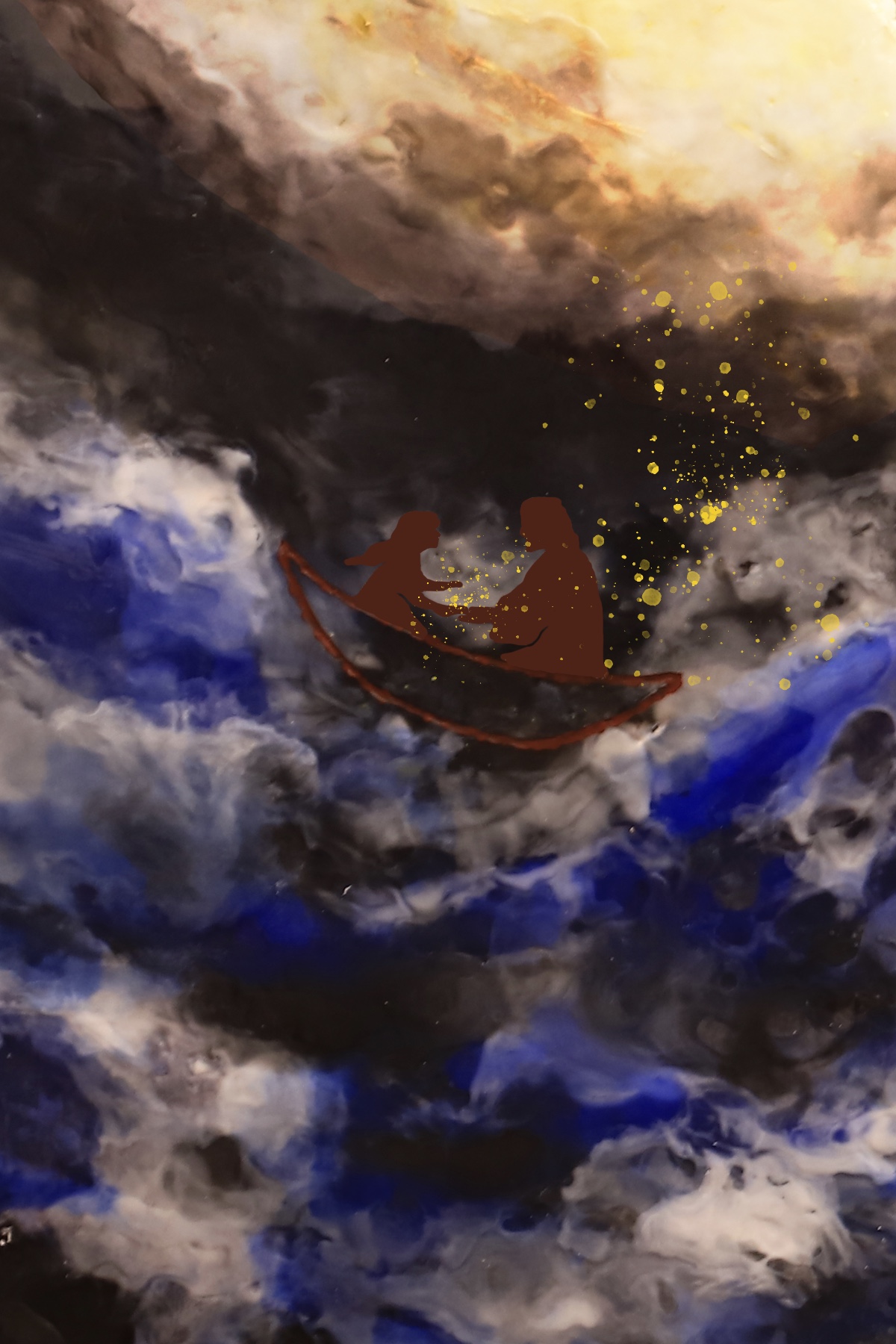 Doubt II: contour figures meeting an unstable red and luminous environment.