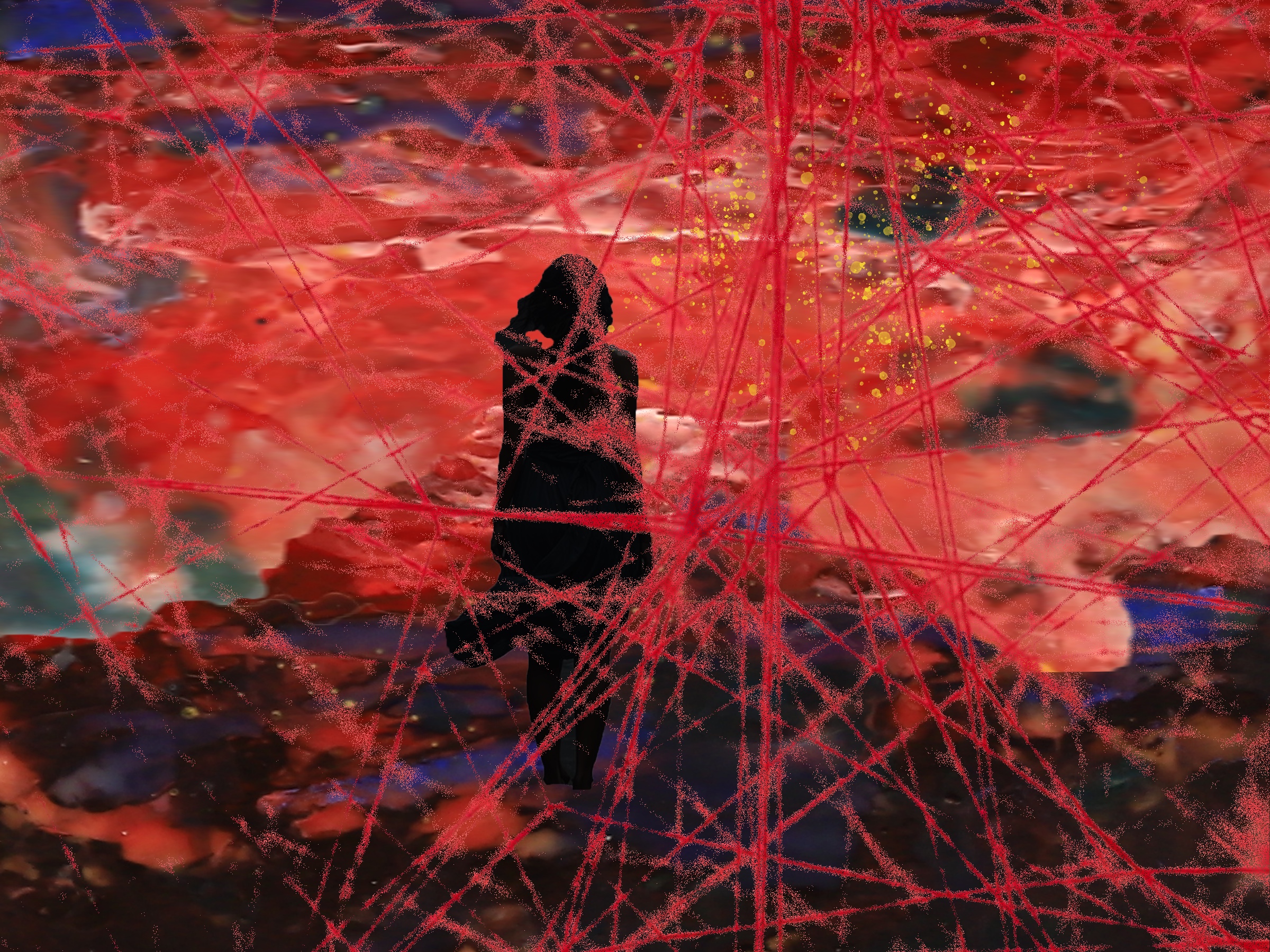 Doubt Panorama: a bound silhouette inside a wide red web and wave field.
