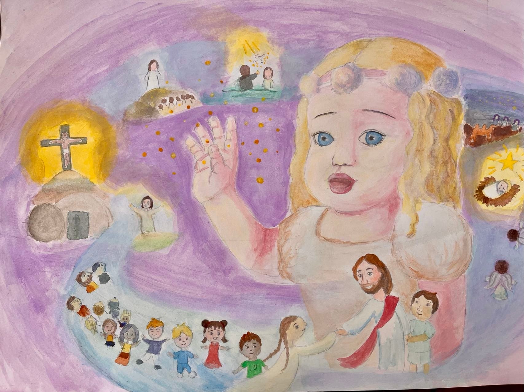 The original painting: a child surrounded by a circle of Bible stories.