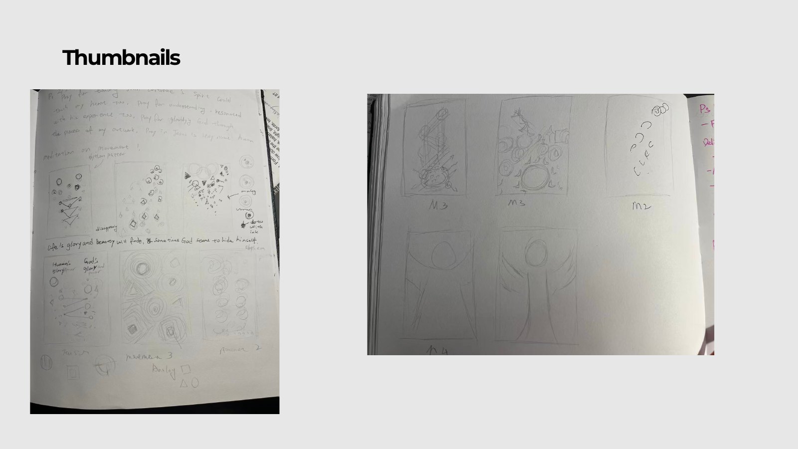 Documentation page 3: two sketchbook photographs showing small pencil thumbnail compositions for the four movements.