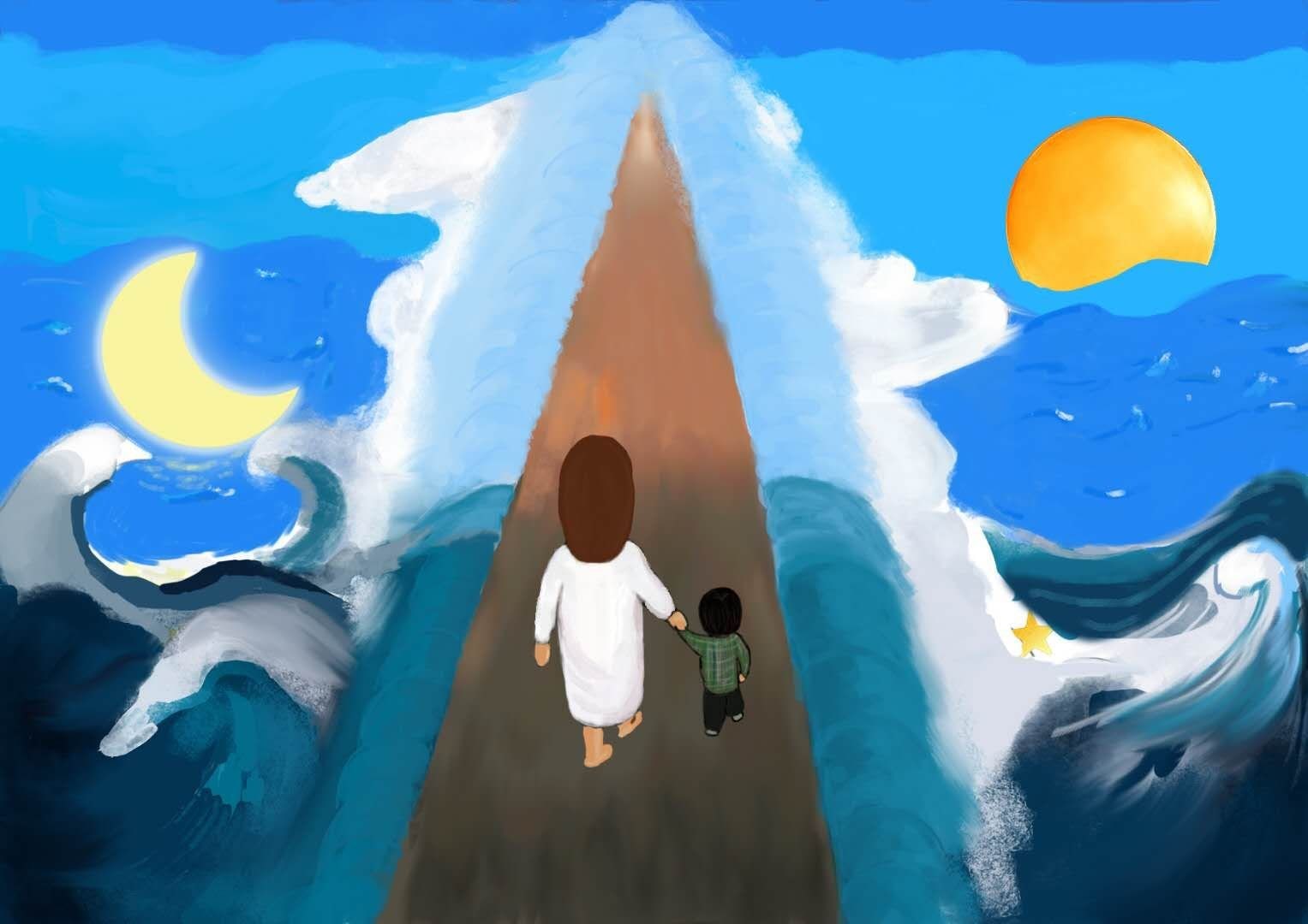 The original painting: an adult and child walking between parted waves.