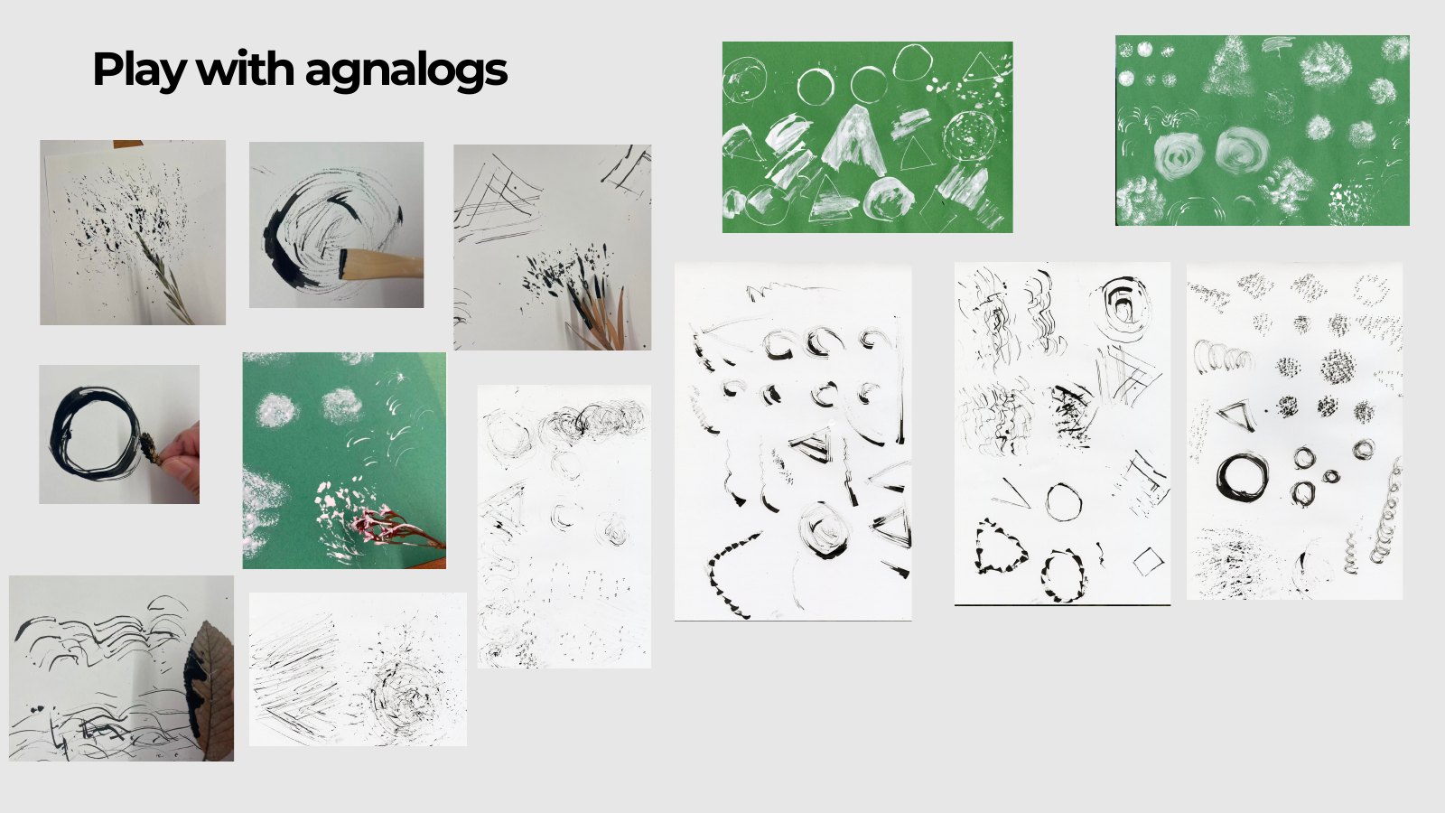 Documentation page 4: photographs of circles, lines, textures and splashes made by hand with brushes, leaves and other tools.