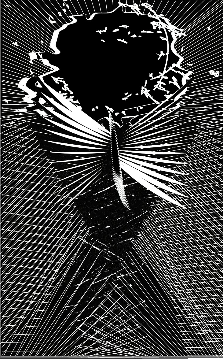 Psalm: a tall black-and-white composition of scanned analog marks and vector geometry.