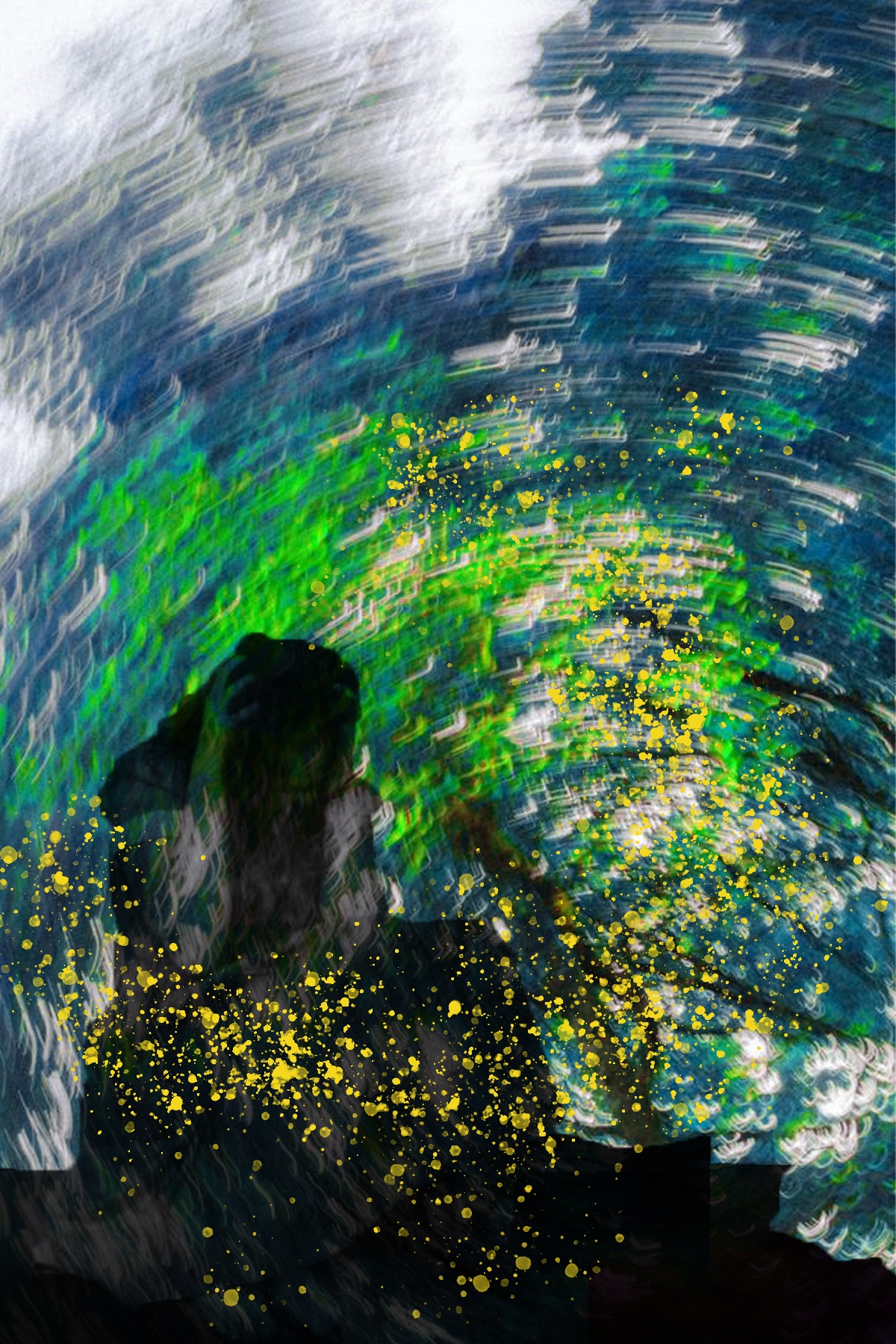 Dread I: a figure held inside a turbulent blue-green field with yellow particles.