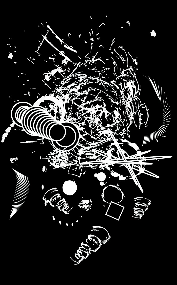 Pursuance: a tall black-and-white composition of scanned analog marks and vector geometry.