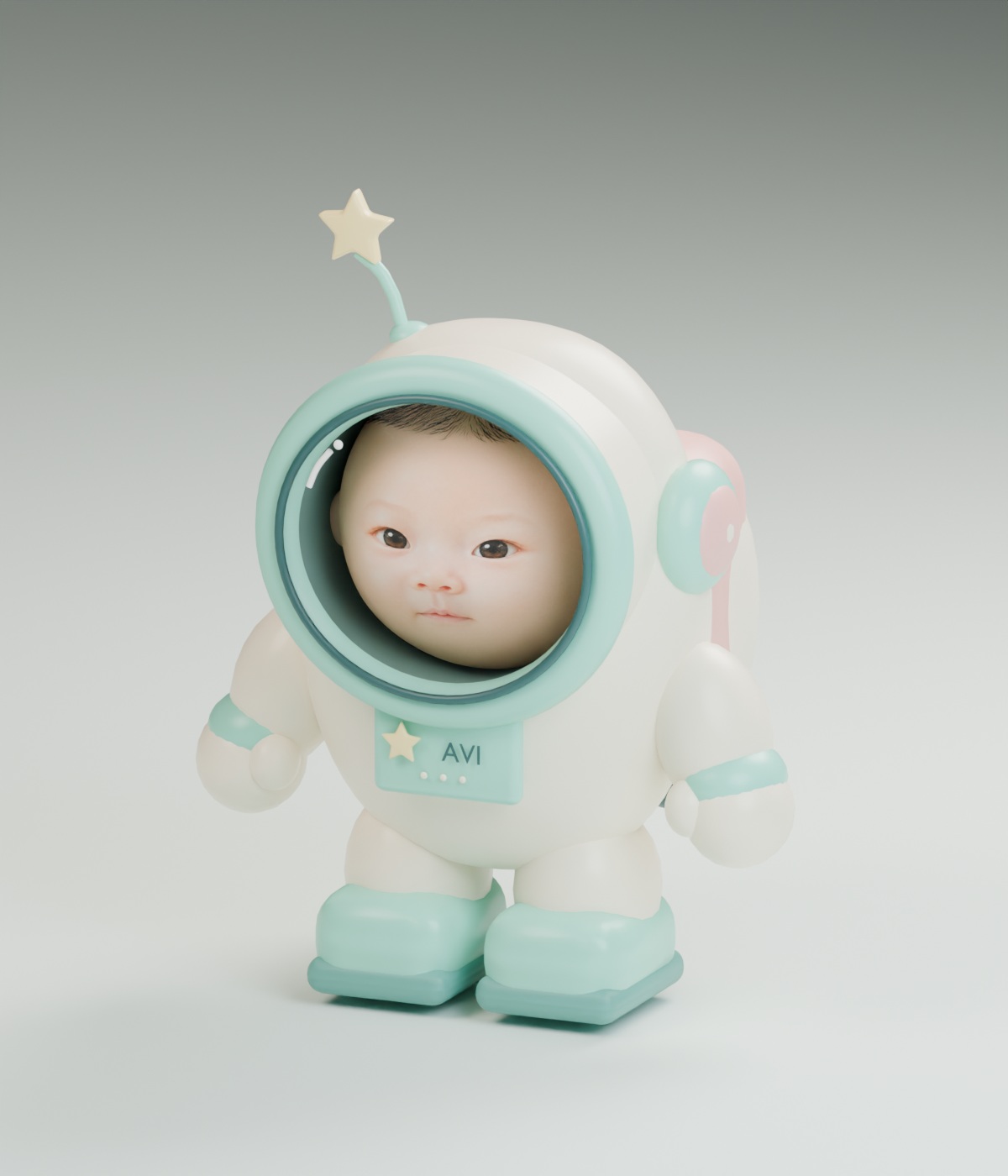 Space Baby Avi in a cream spacesuit, mint helmet and star antenna